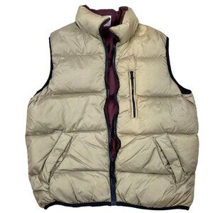 Old Navy Reversible Down Puffer Vest Jacket Medium Tan Red Full Zip Winter Cozy